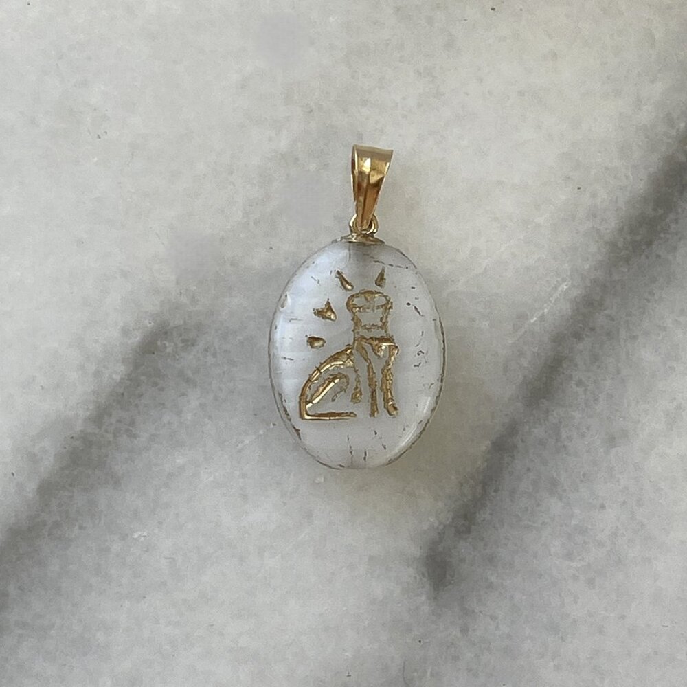 Solid 14K Yellow Gold Vintage Glass Egyptian Cat Good Luck Charm Lucky Pendant